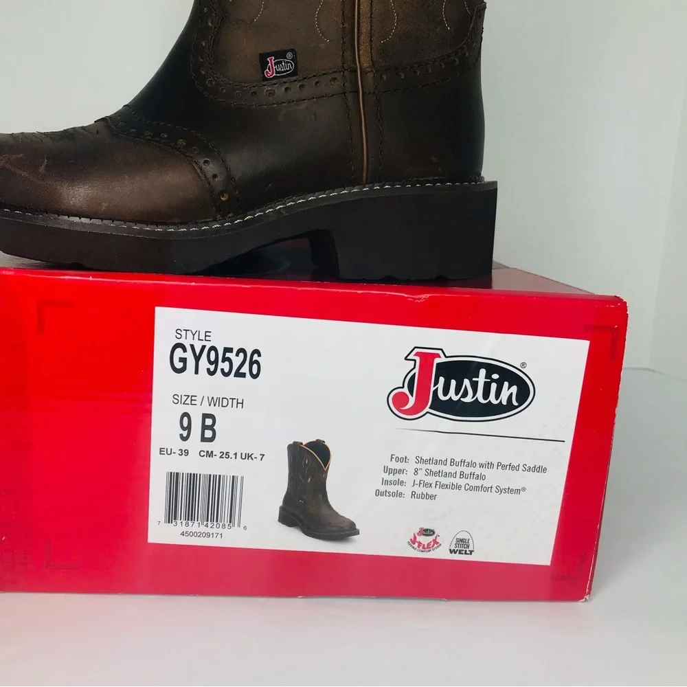Justin Gemma Gypsy 8” Dark Brown Buffalo Round Toe Boots GY9526 Women’s 9 B New - Picture 9 of 9